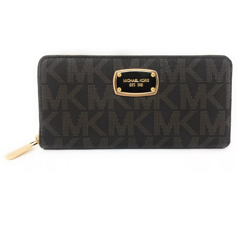 Michael Kors Jet Set Continental Logo Large Zip Around PVC Wallet Brown & Gold